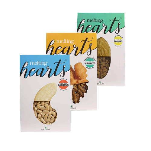 Melting Hearts Cashews Whole Premium 250 g + Walnuts Halves Extra Light Premium 250 g + Afghan Raisins Classic 250 g Combo Pack