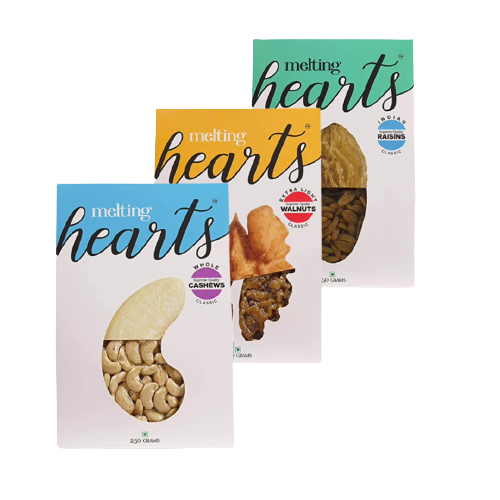Melting Hearts Cashews Whole Classic 250 g + Walnuts Halves Extra Light Classic 250 g + Indian Raisins Classic 250 g Combo Pack